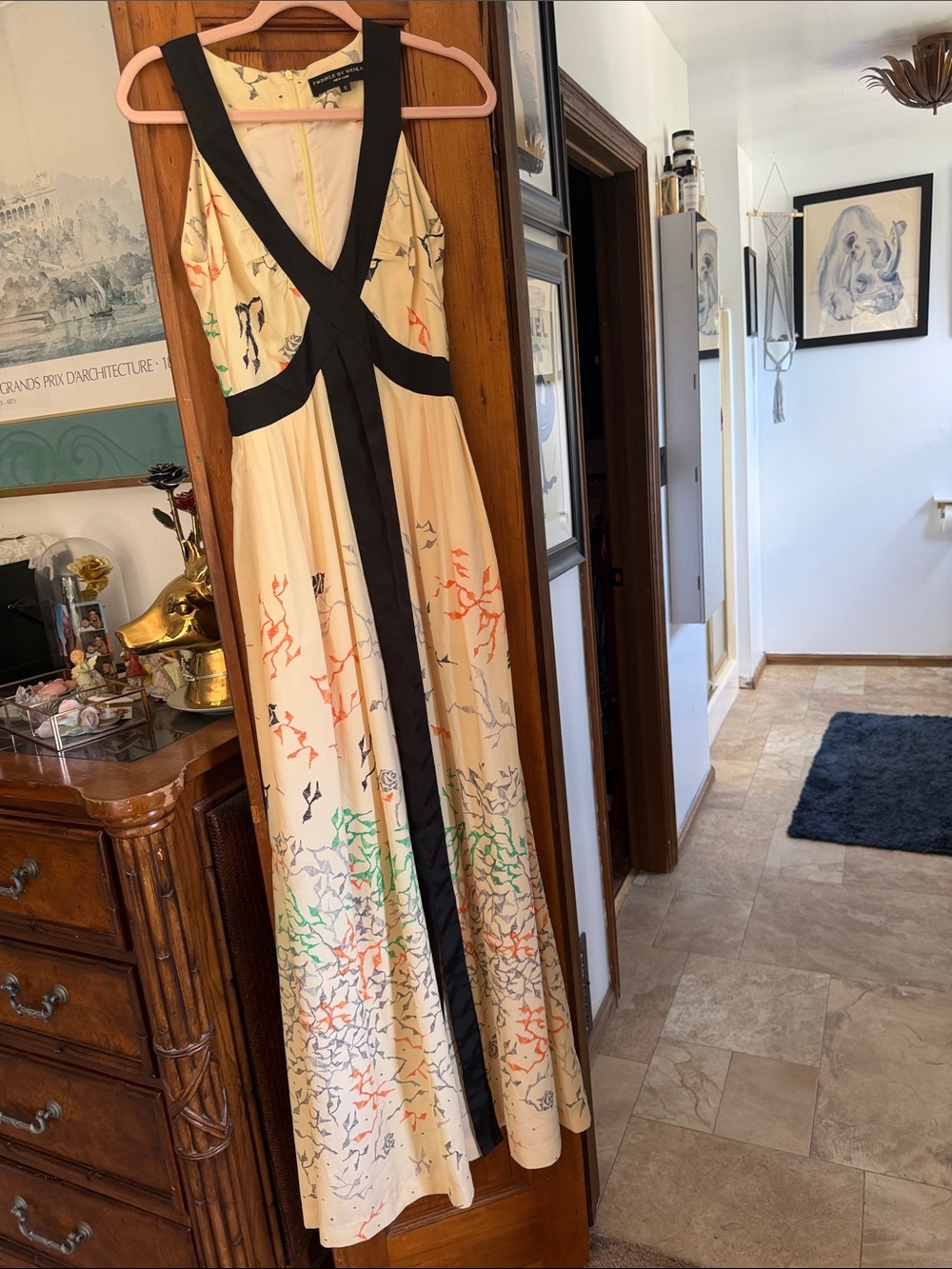 Twinkle by Wenlan Cream Maxi Dress with Black Trim and Multicolor Accents
